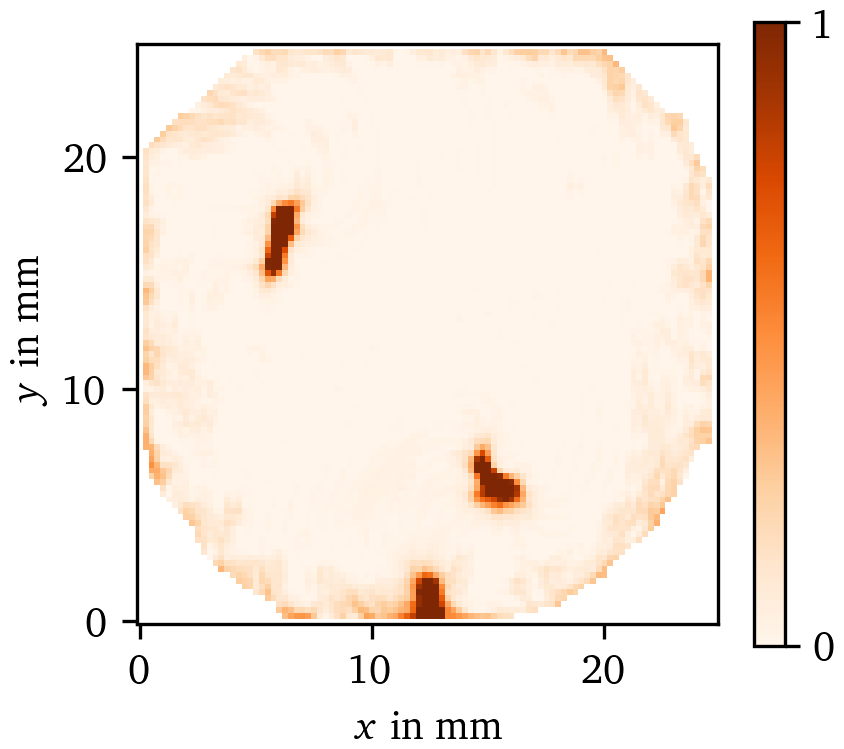 Prediction of the characteristic function χ of the effective obstacles based on ρPC(φLAT) for the OM data set