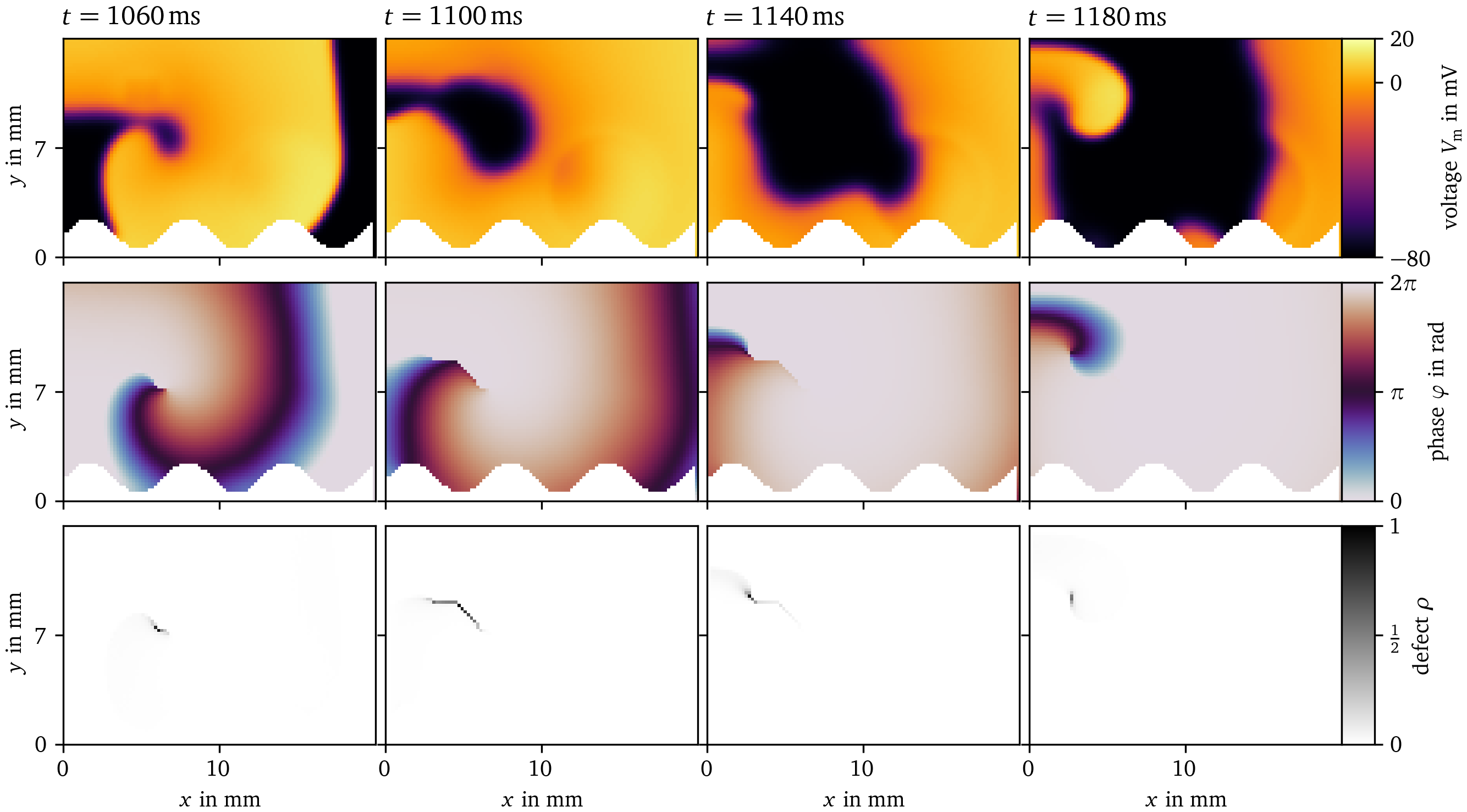 Phase defect detection for a single meandering spiral in Sim. 1